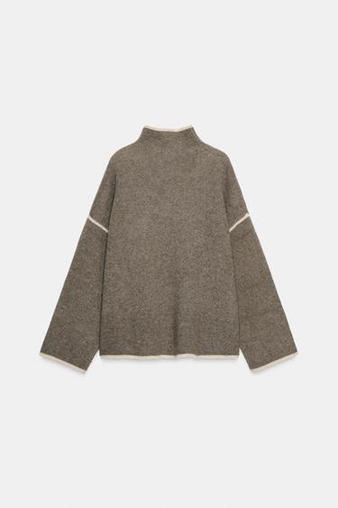 PULL EN MAILLE AVEC LISERÉS EN CONTRASTE - Gris taupe de Zara - Image 7