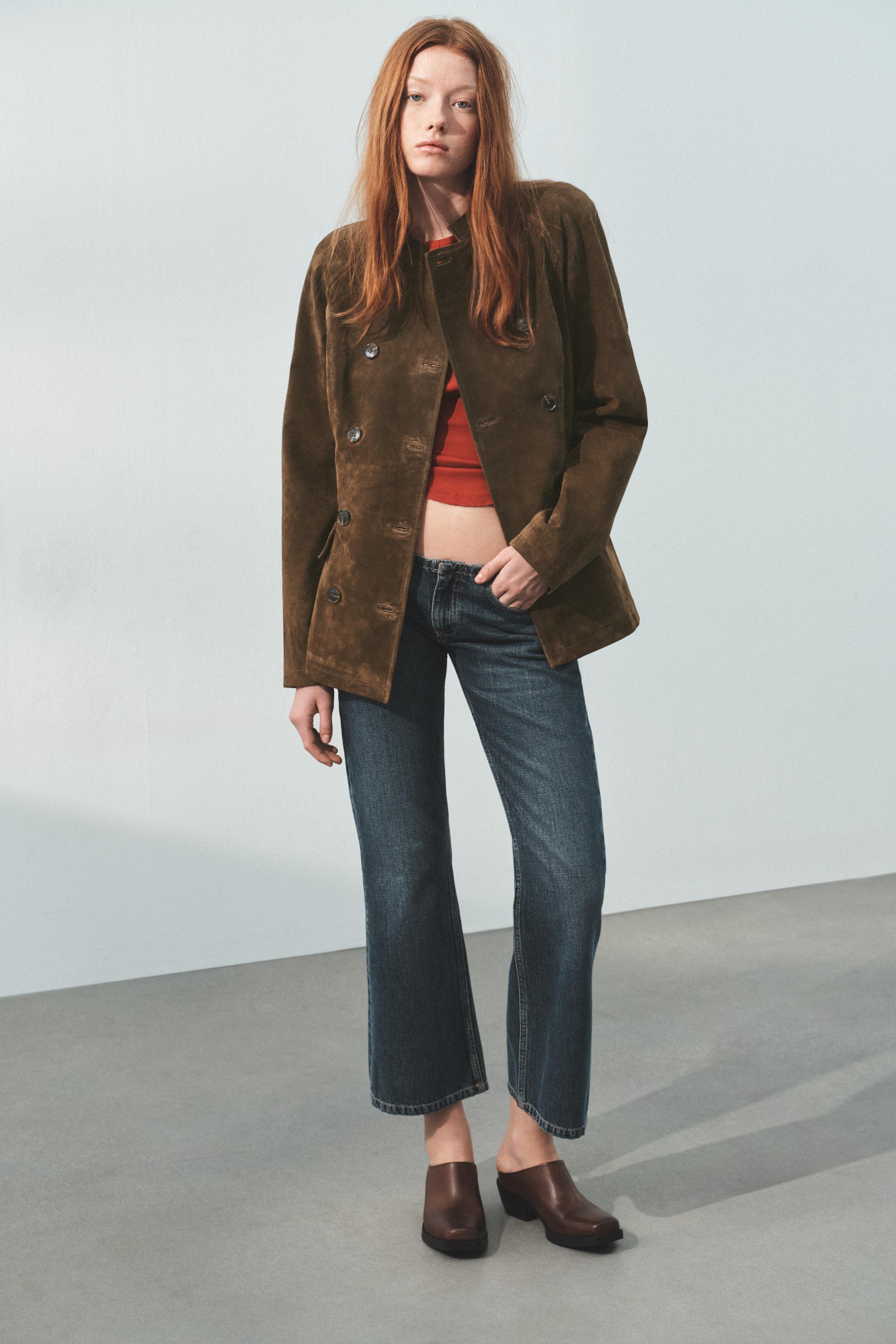 100% レザー スエード フィットジャケット - ライトカーキ | ZARA