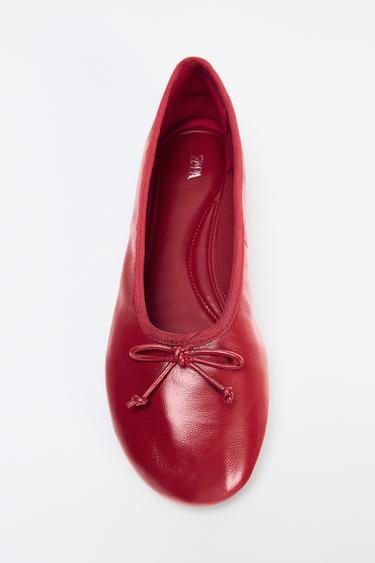 LEATHER BOW BALLET FLATS - Red by Zara