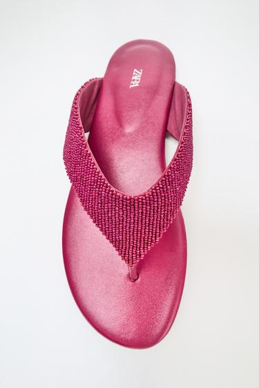 Zara BEADED FLAT SANDALS - Pink