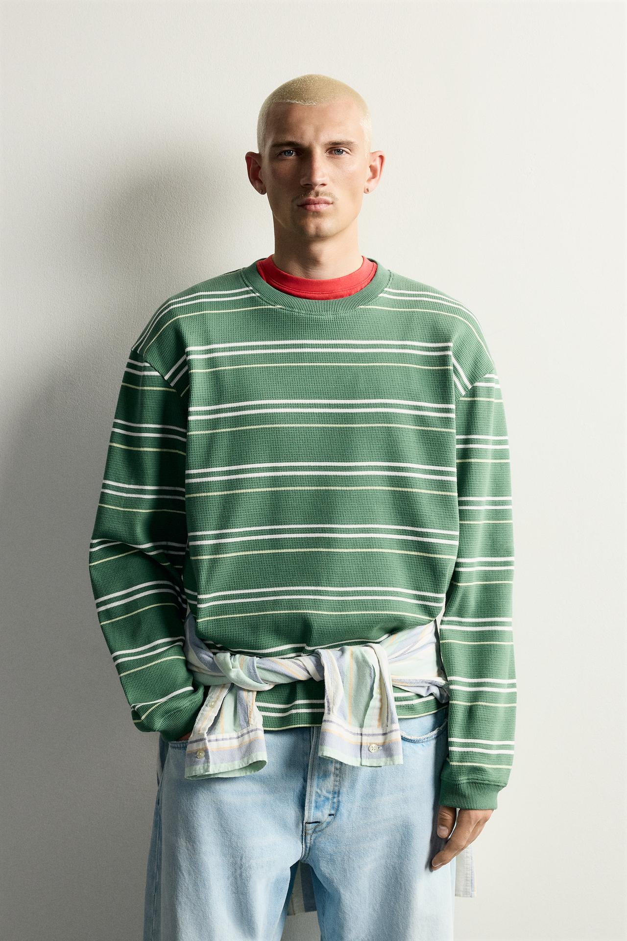 STRIPED WAFFLE KNIT SWEATSHIRT — Green / Ecru