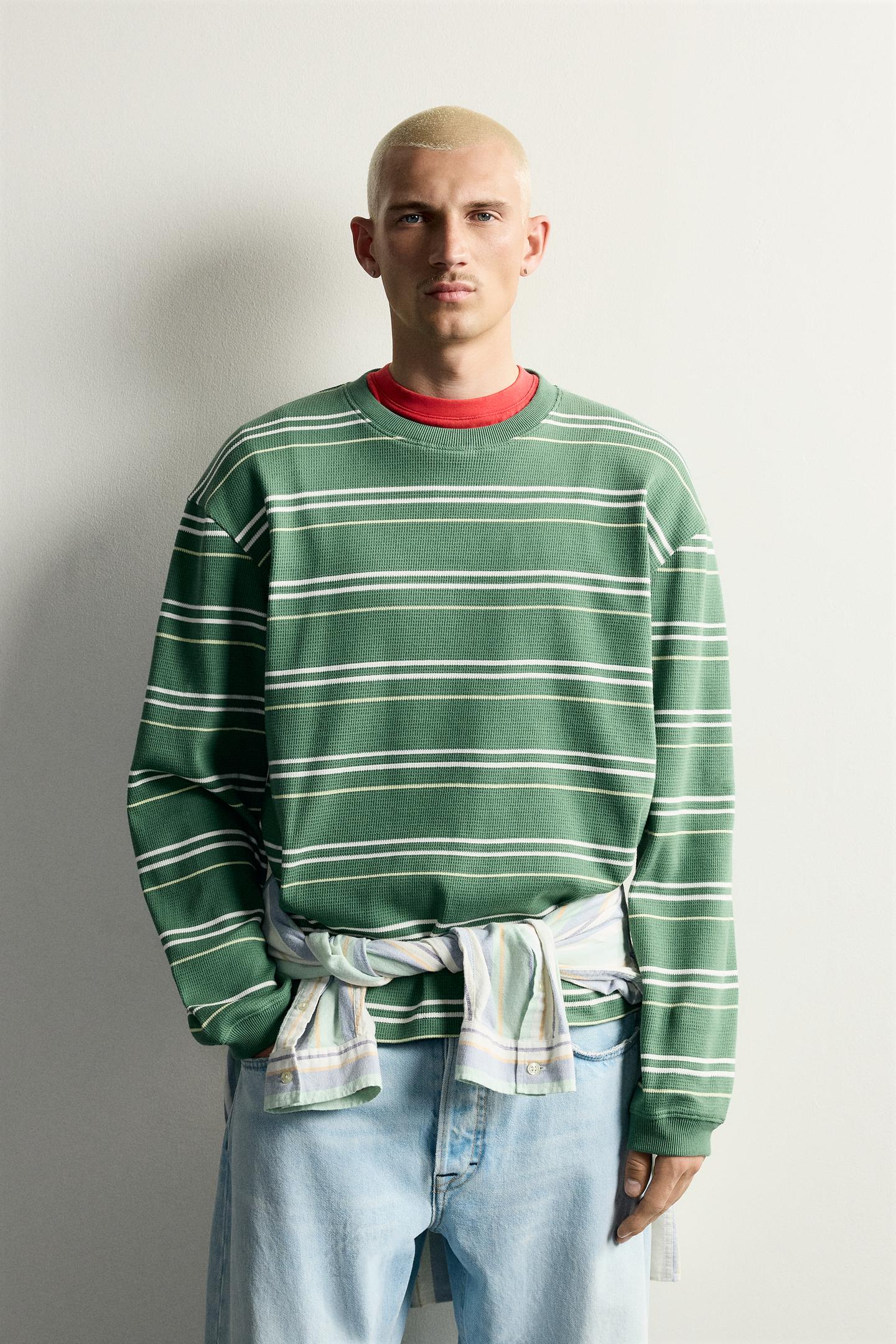 Мужская толстовка Zara Striped Waffle Knit, цвет: Зелёный / Экрю — фото 2