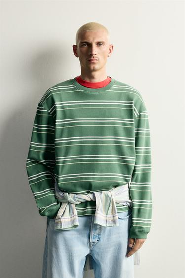 STRIPED WAFFLE KNIT SWEATSHIRT — Green / Ecru 2
