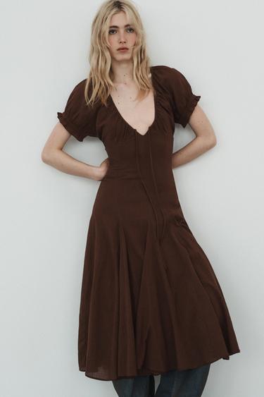 Zara 中長版雪紡紗拼接連身裙 - 棕色