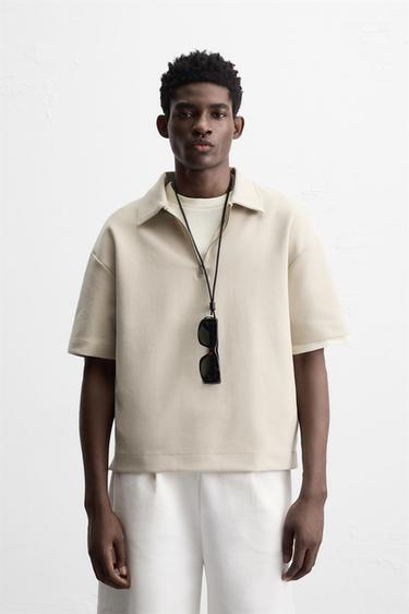RELAXED FIT POLO SHIRT WITH ZIP - Stone by Zara