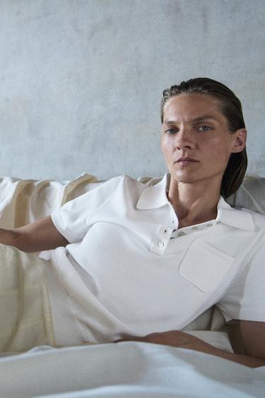 Zara SHORT SLEEVE KNIT POLO SHIRT - White