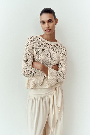 Zara RUFFLED KNIT SWEATER - Ecru