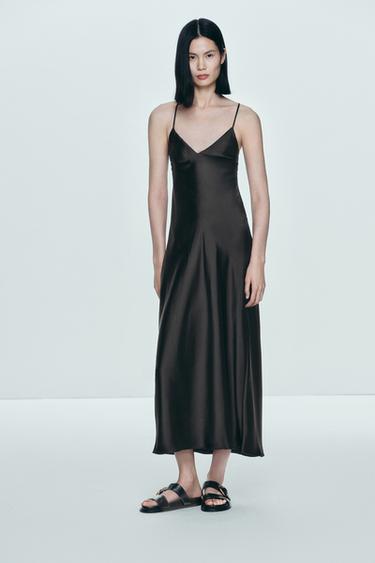 Zara 背帶緞面中長洋裝 - 黑色