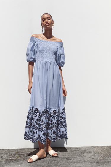 STRIPED EMBROIDERED MIDI DRESS - Blue / Indigo by Zara - Image 0