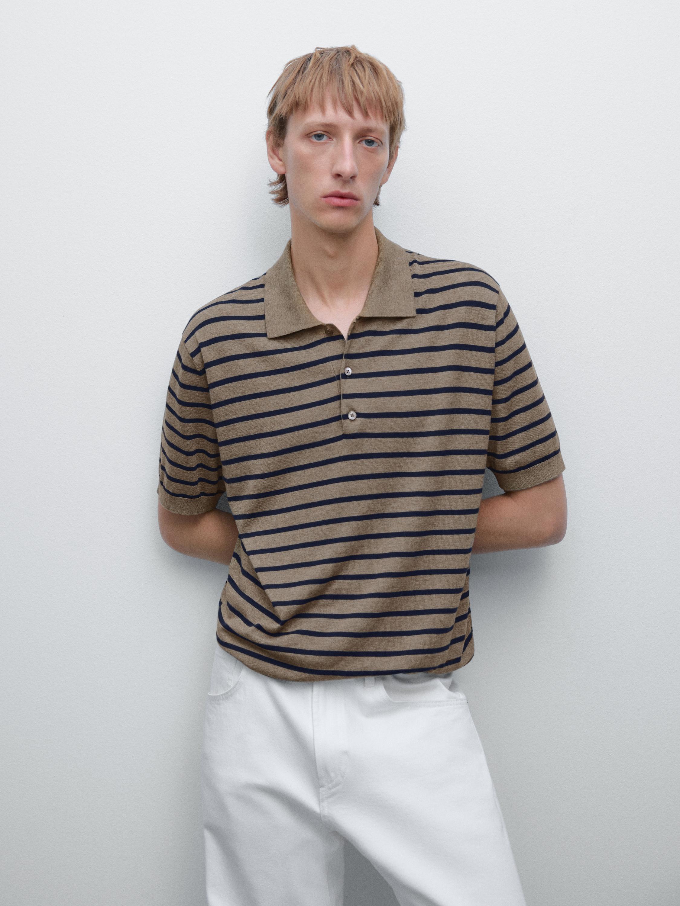 Short sleeve striped knit polo shirt