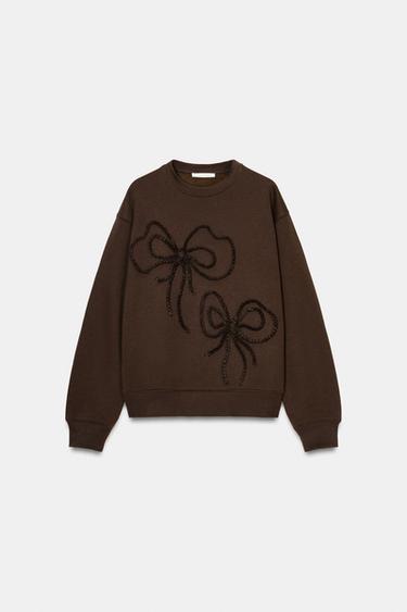Zara EMBOSSED BOW SWEATSHIRT - Brown