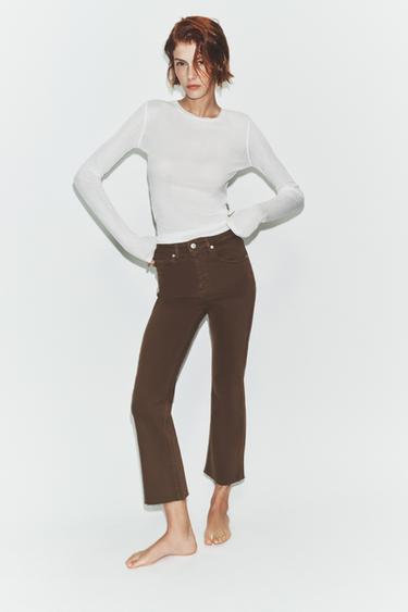 Zara TRF HIGH-WAIST CROPPED FLARE JEANS - Brown