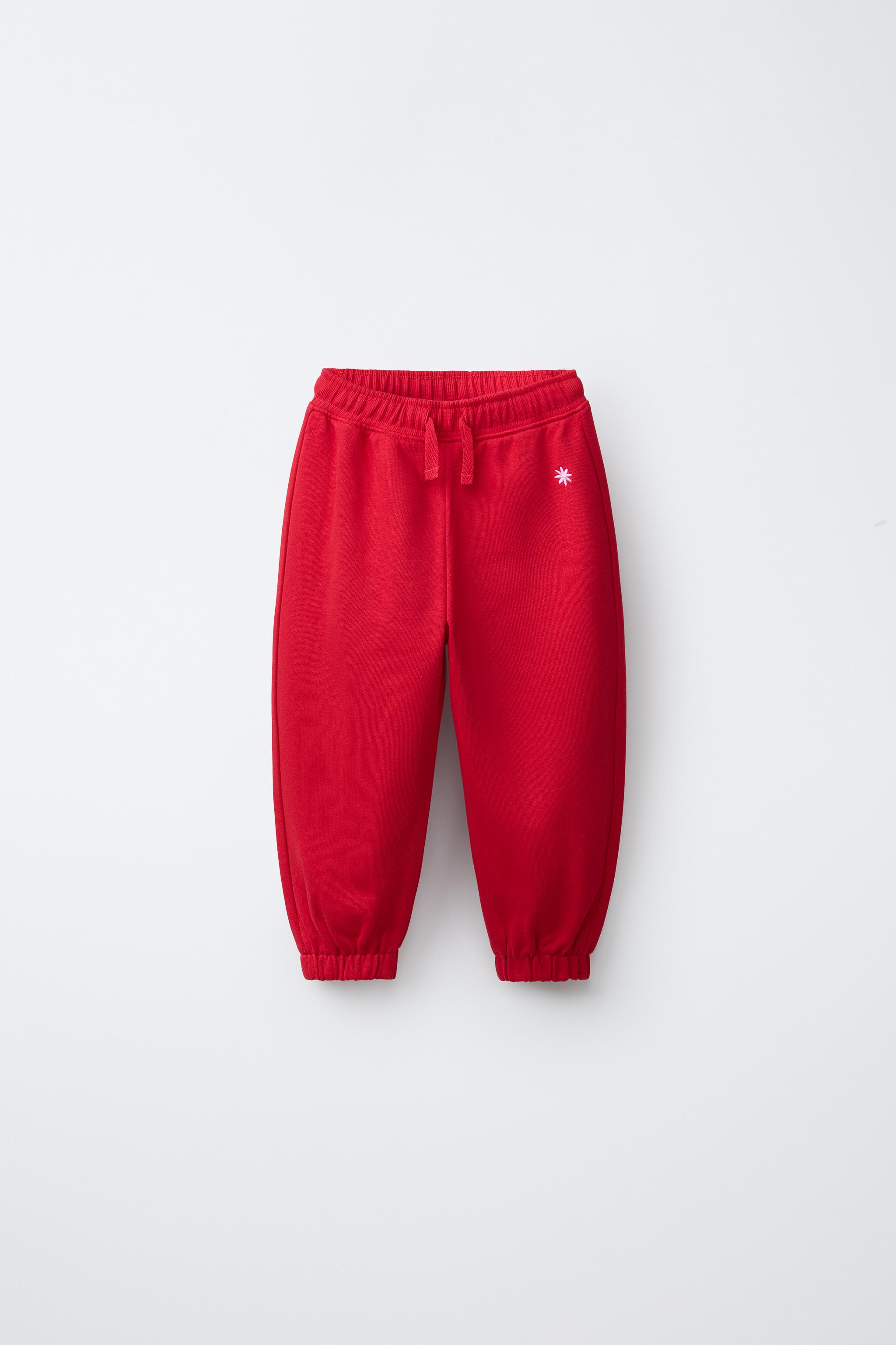 DAISY EMBROIDERED PLUSH PANTS — Red