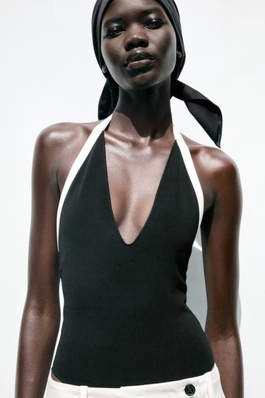 CONTRAST STRETCH BODYSUIT - Black / White by Zara