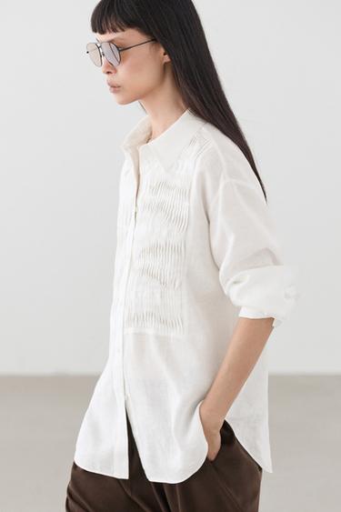 Zara 100% linen shirt with bib detail - White