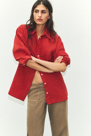 Zara WASHED POPLIN OVERSIZED SHIRT - Dark red