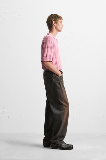 CHECKERED JACQUARD KNIT POLO SHIRT - Pink by Zara - Image 3