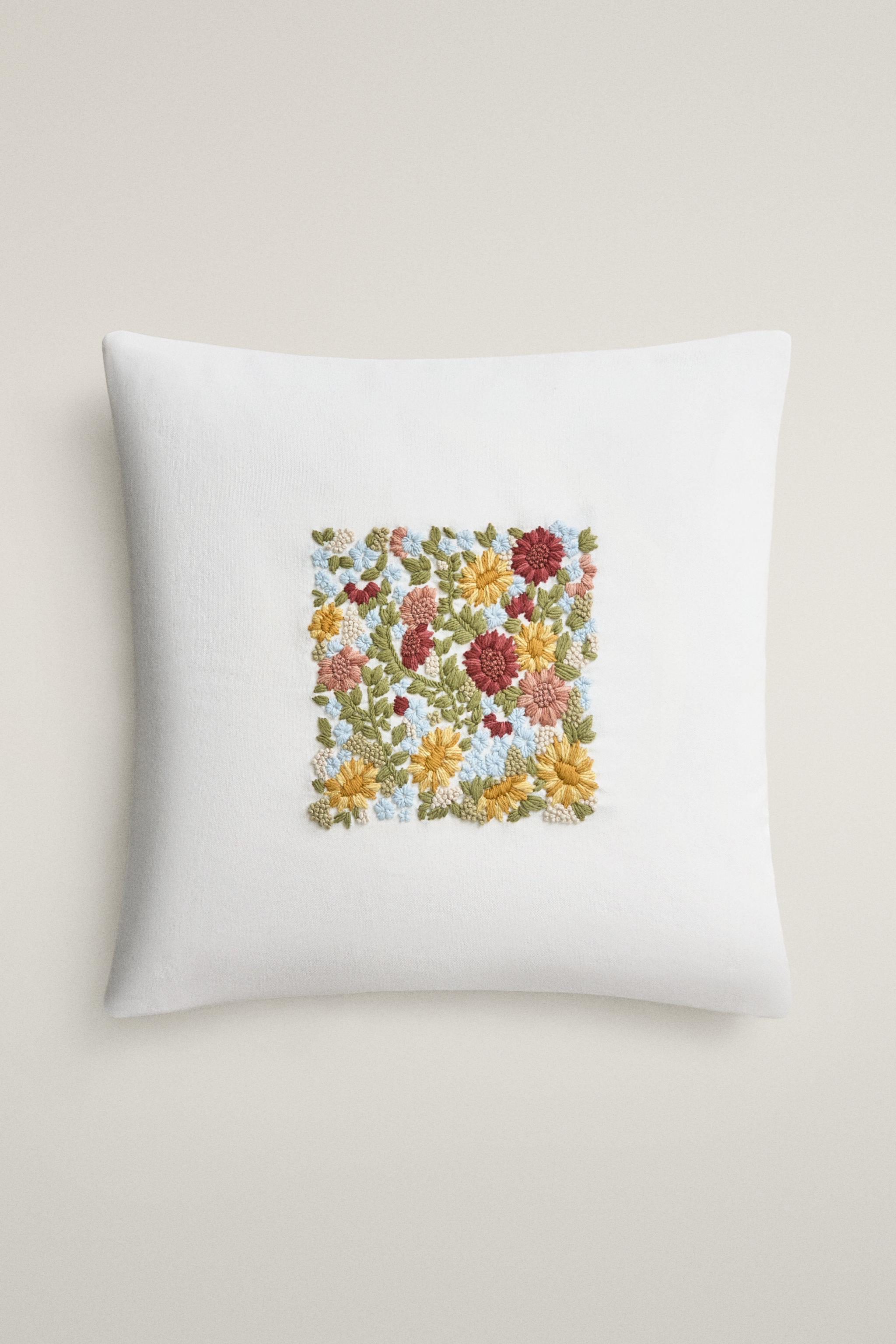 FLORAL EMBROIDERED THROW PILLOW COVER