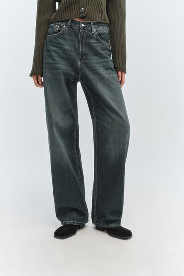 Zara TRF 系列高腰直筒寬版牛仔褲 - 海藍色