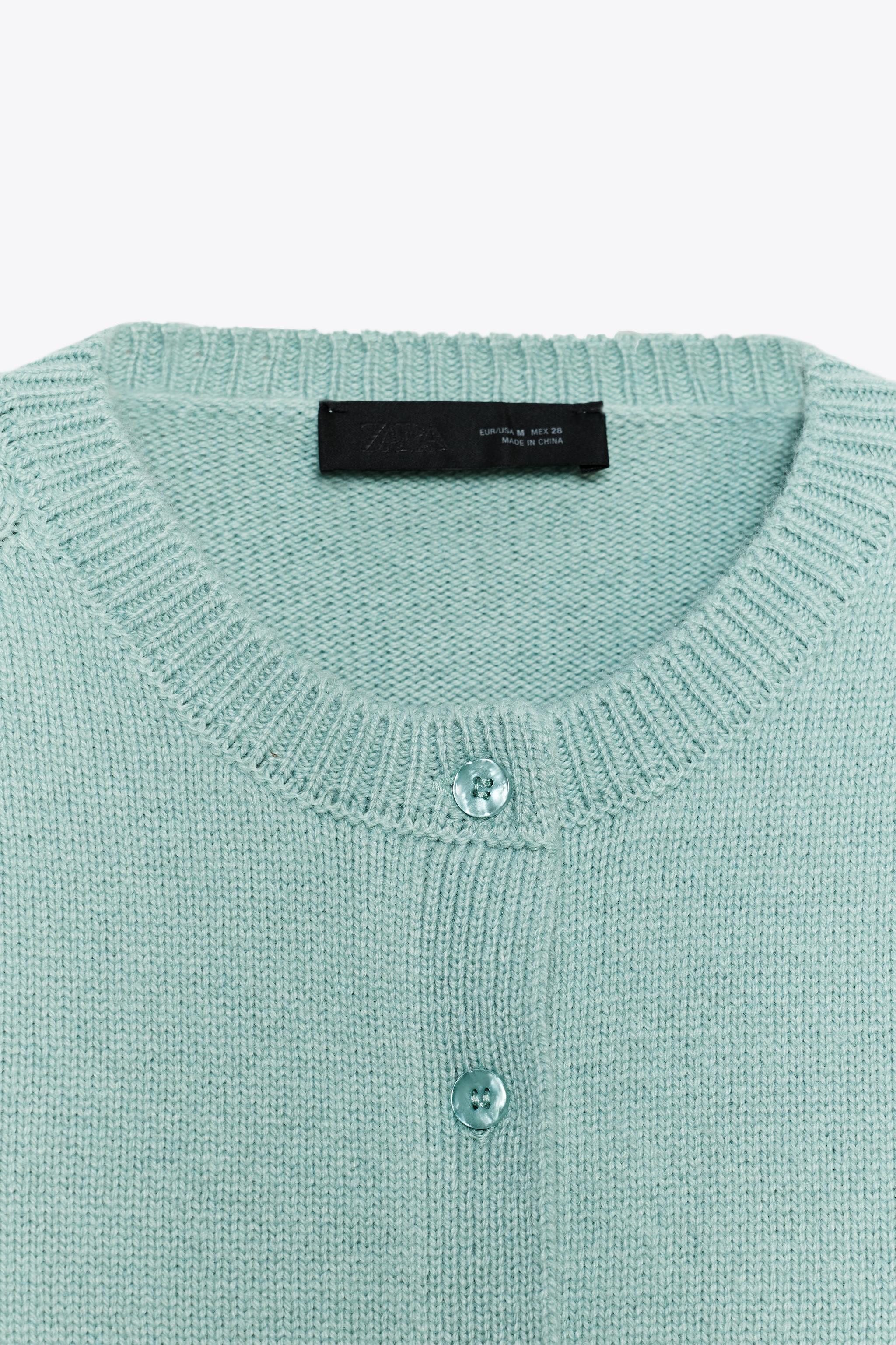 Button Mint Cardigan Zara Cropped Blue/ Sage Green Cable Knit Zara