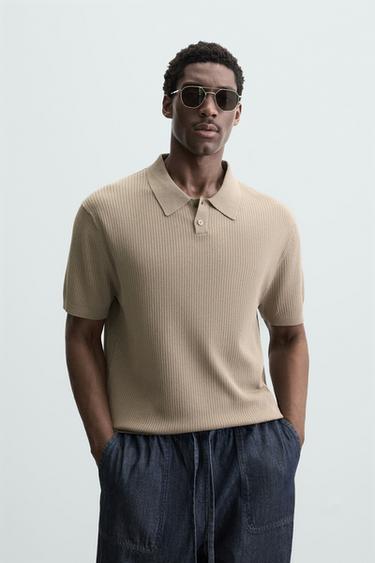 Zara RIB KNIT POLO SHIRT - Beige