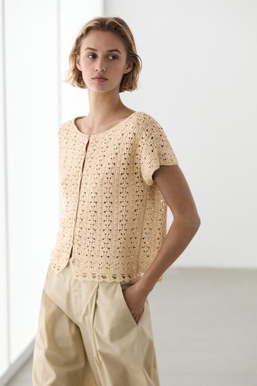 Zara Short sleeve crochet knit cardigan - Dark mink