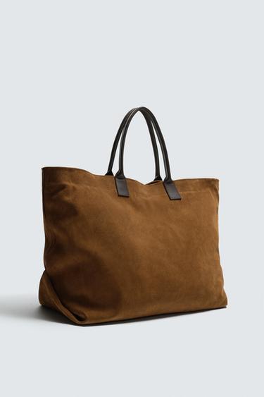 Zara LEATHER SHOPPER BAG - Beige