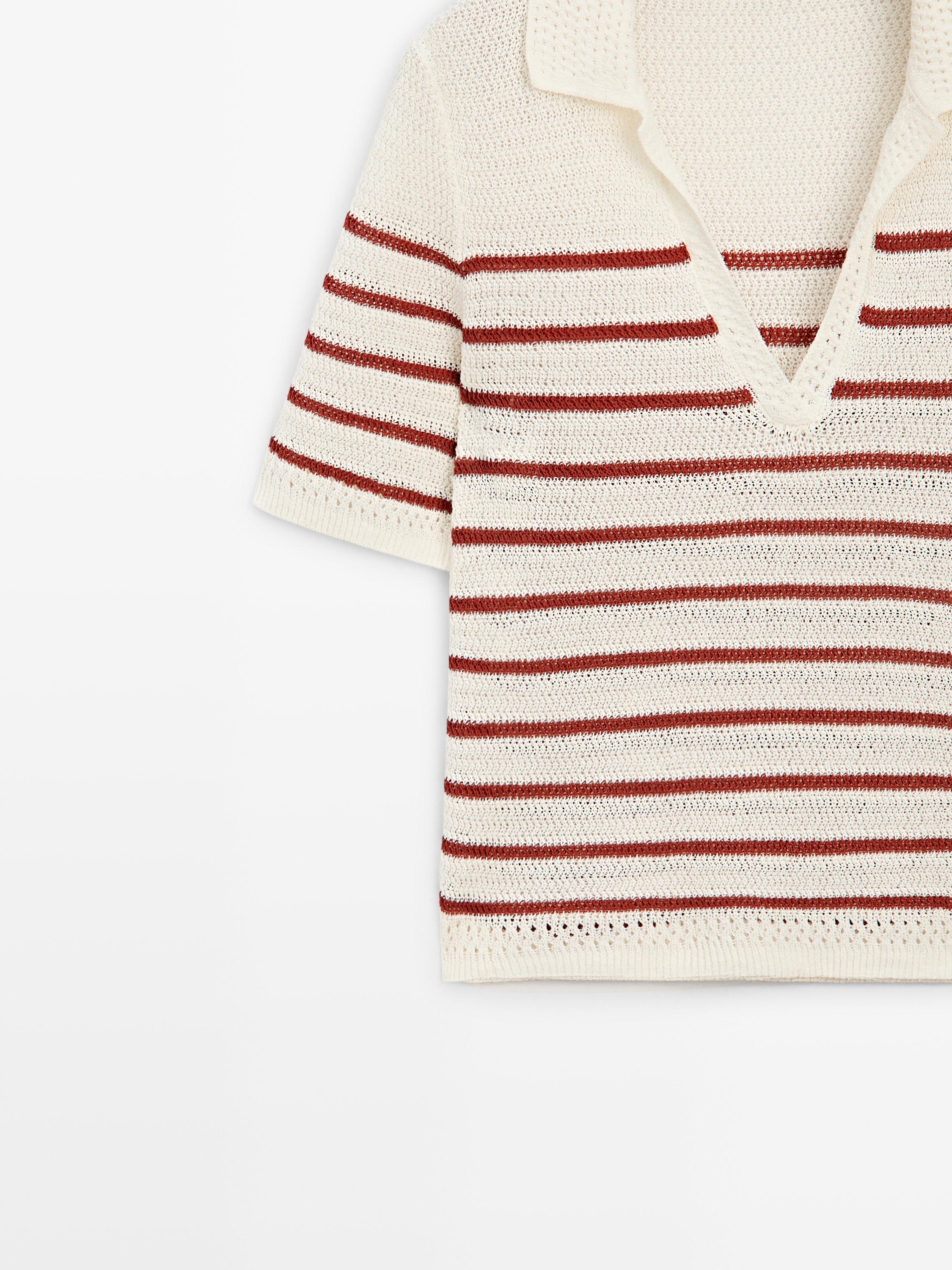 Striped cotton blend knit polo shirt