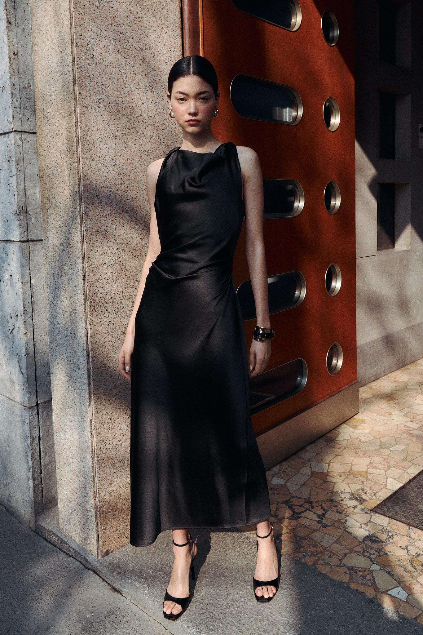 Zara Satin MIDI Dress with Rhinestones Strap, Women's Fashion