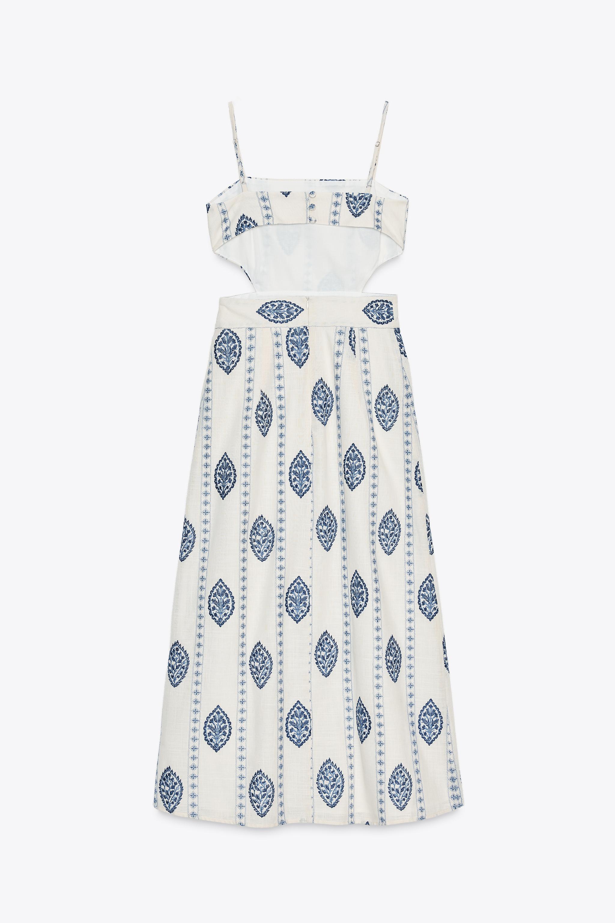 【ZARA】カットアウト刺繍入りミディ丈ワンピース  3376/929 カットアウト刺繍入りミディ丈ワンピース - エクリュ/ブルー