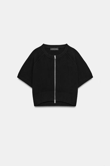 Zara SHORT KNIT JACKET WITH ZIPPER - Black