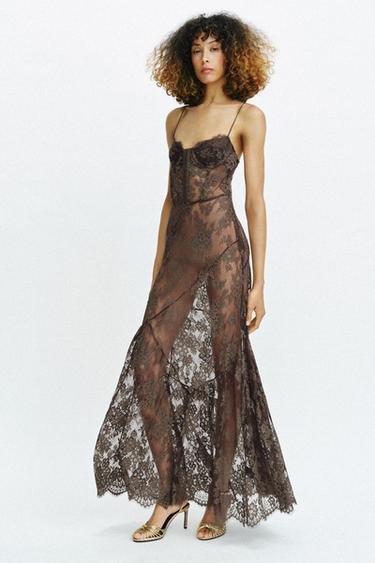 LACE DRESS WITH HOOPS AND STRAPS - Dark brown by Zara
