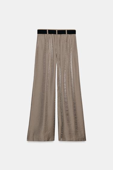 WIDE SATIN TROUSERS WITH BELT - Brown / Taupe by Zara - Image 7