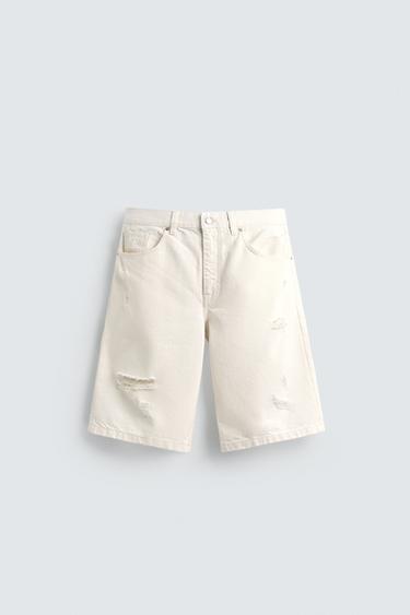 BERMUDA DENIM BAGGY FIT ROTOS - Blanco roto de Zara