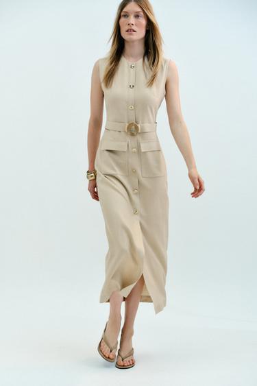 LINEN BLEND BUCKLE MIDI DRESS - Light beige by Zara