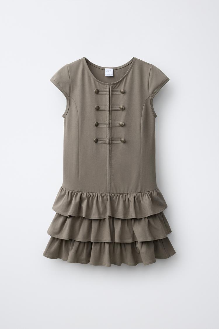 RUFFLED FROG FASTENING DRESS — Khaki
