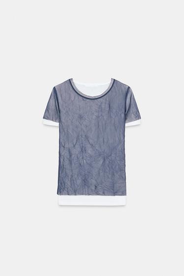 DOUBLE CRINKLED-EFFECT TULLE T-SHIRT - navy by Zara - Image 0