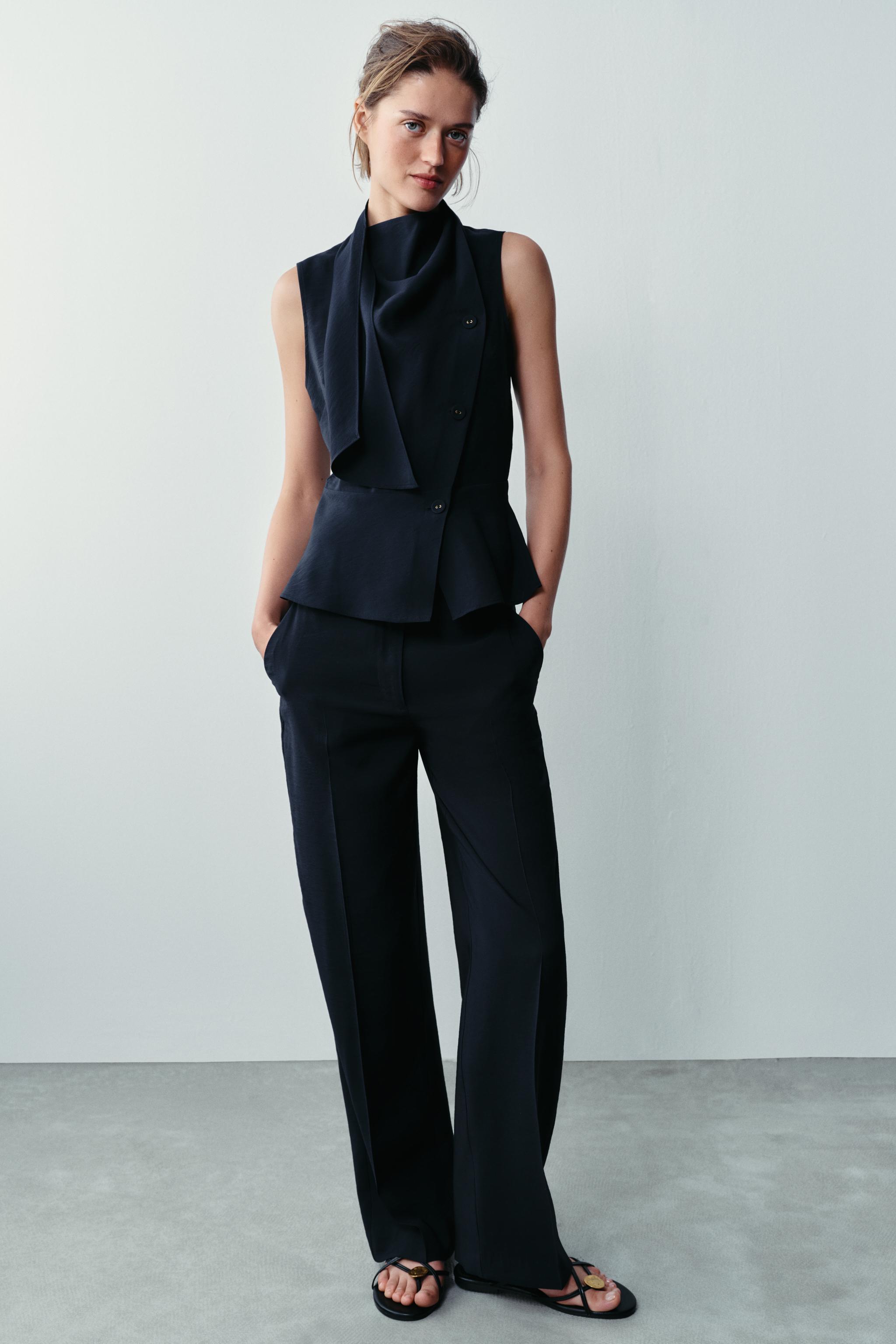 HIGH-RISE STRAIGHT-LEG TROUSERS — Navy blue