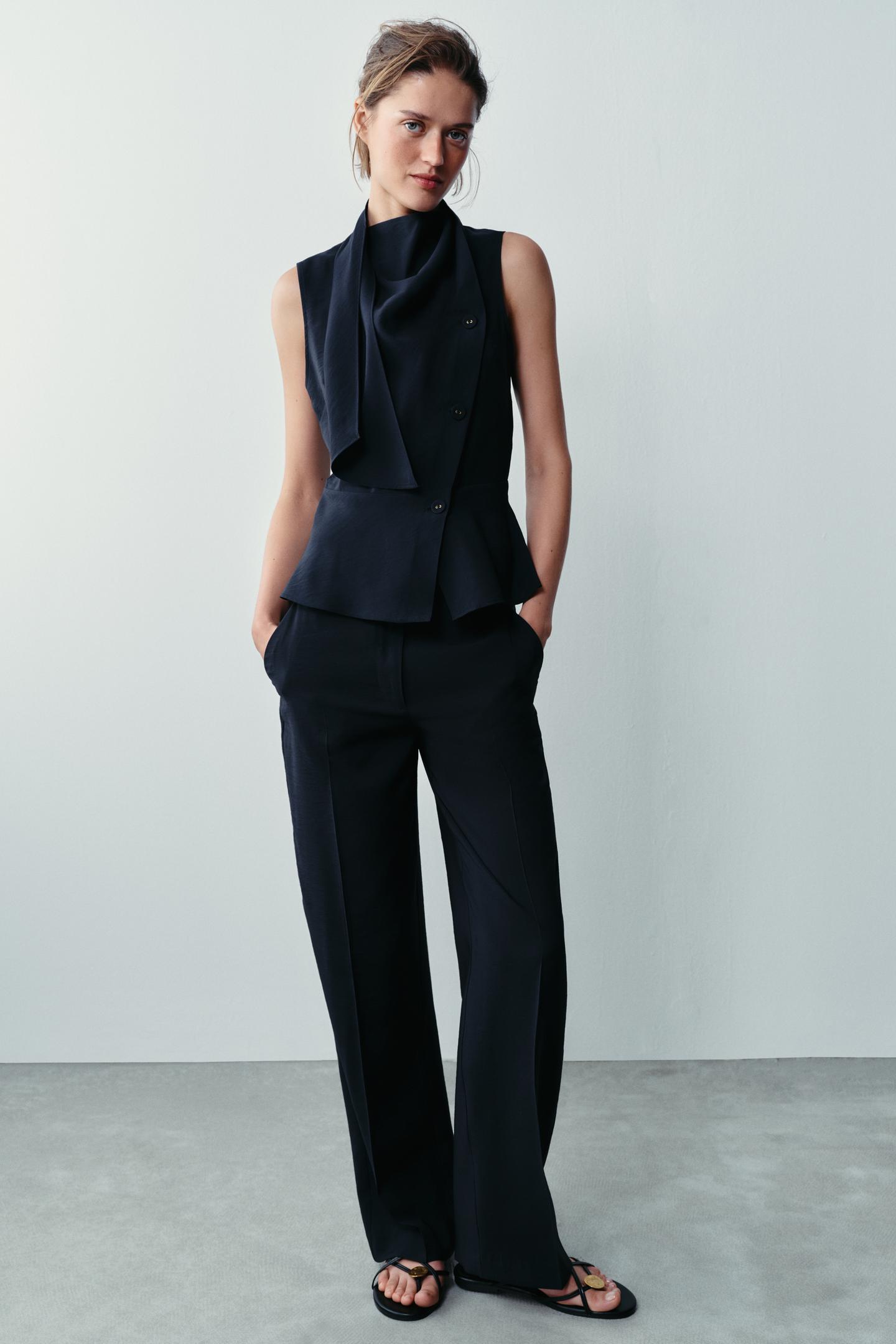 Женские брюки Zara High-Waisted Straight-Leg, цвет: Тёмно-синий — фото 1