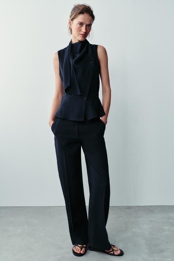 HIGH-WAIST STRAIGHT-LEG TROUSERS - Navy blue by Zara - Image 0