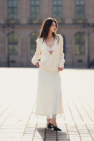 Zara 蕾絲緞面中長裙 - 中裸色