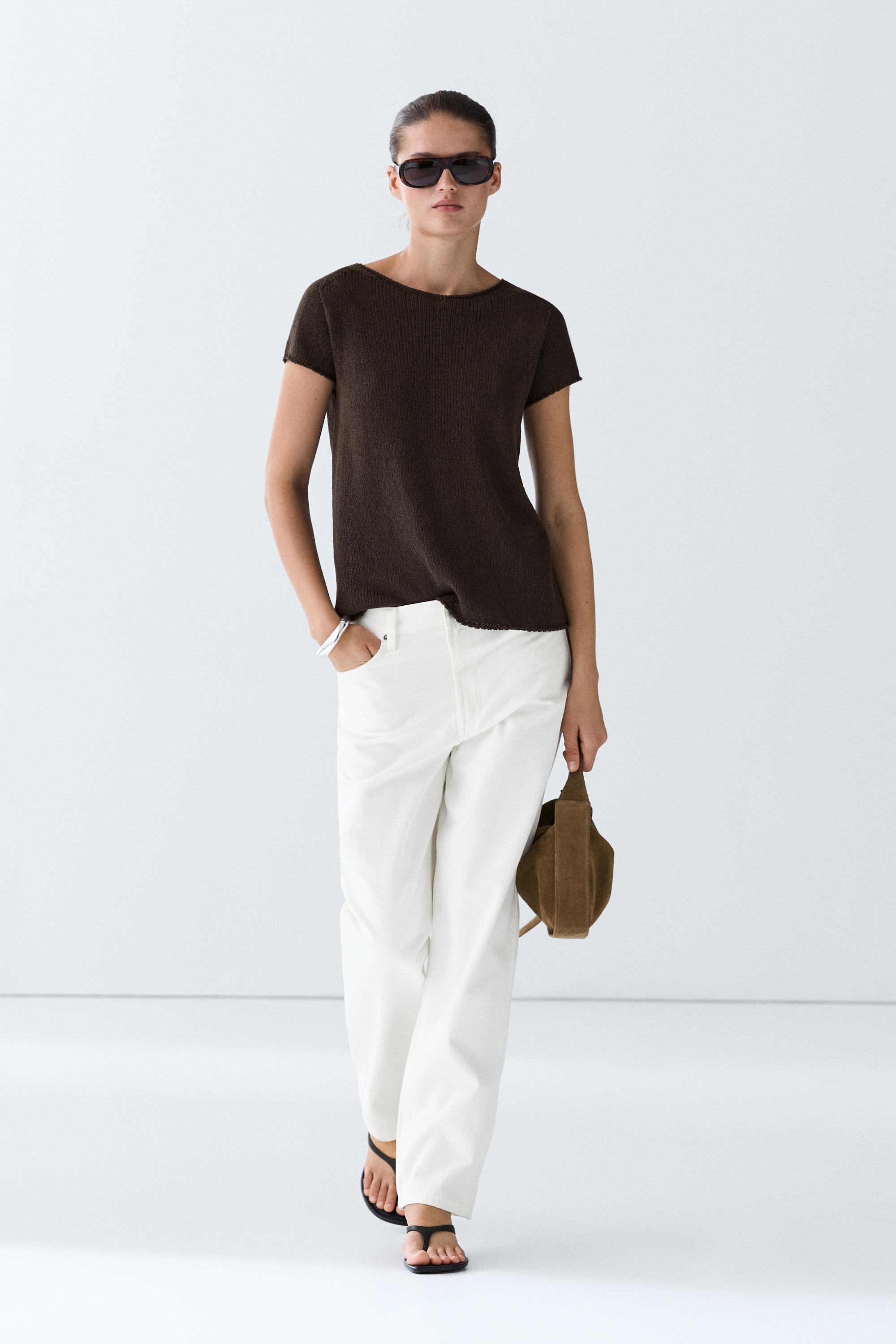 Cotton blend short sleeve knit sweater — Chocolate