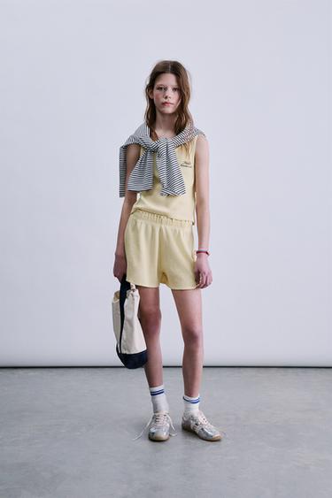WAFFLE-KNIT BERMUDA SHORTS WITH SLOGAN PRINT - Yellow by Zara