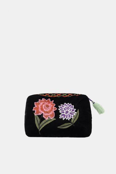 TROUSSE MATELASSÉE EN VELOURS ET BRODERIES DE FLEURS - Noir de Zara