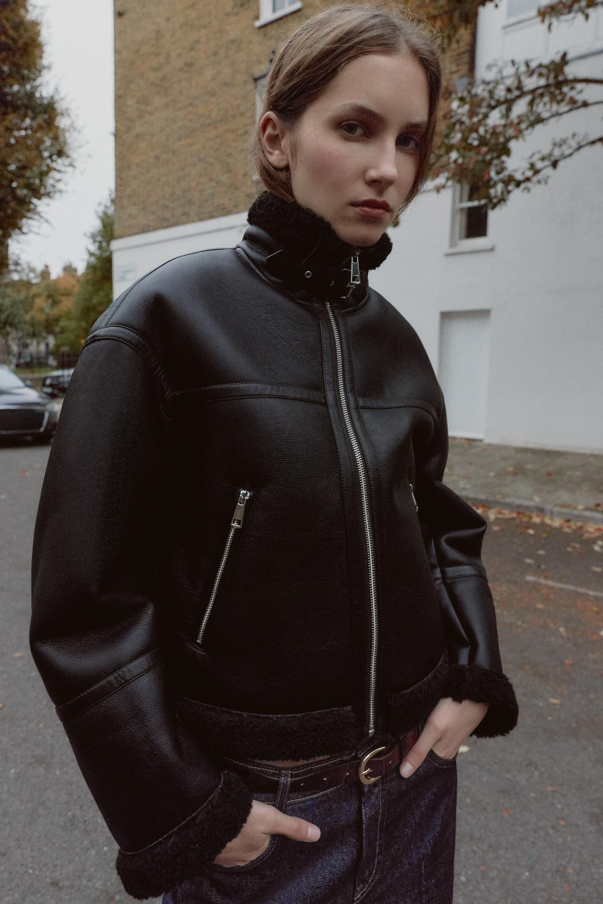 ダブルフェイス フェイクシープスキンジャケット - ブラック | ZARA