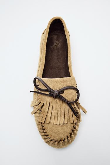 LEATHER LOAFERS WITH FRINGE - Beige by Zara