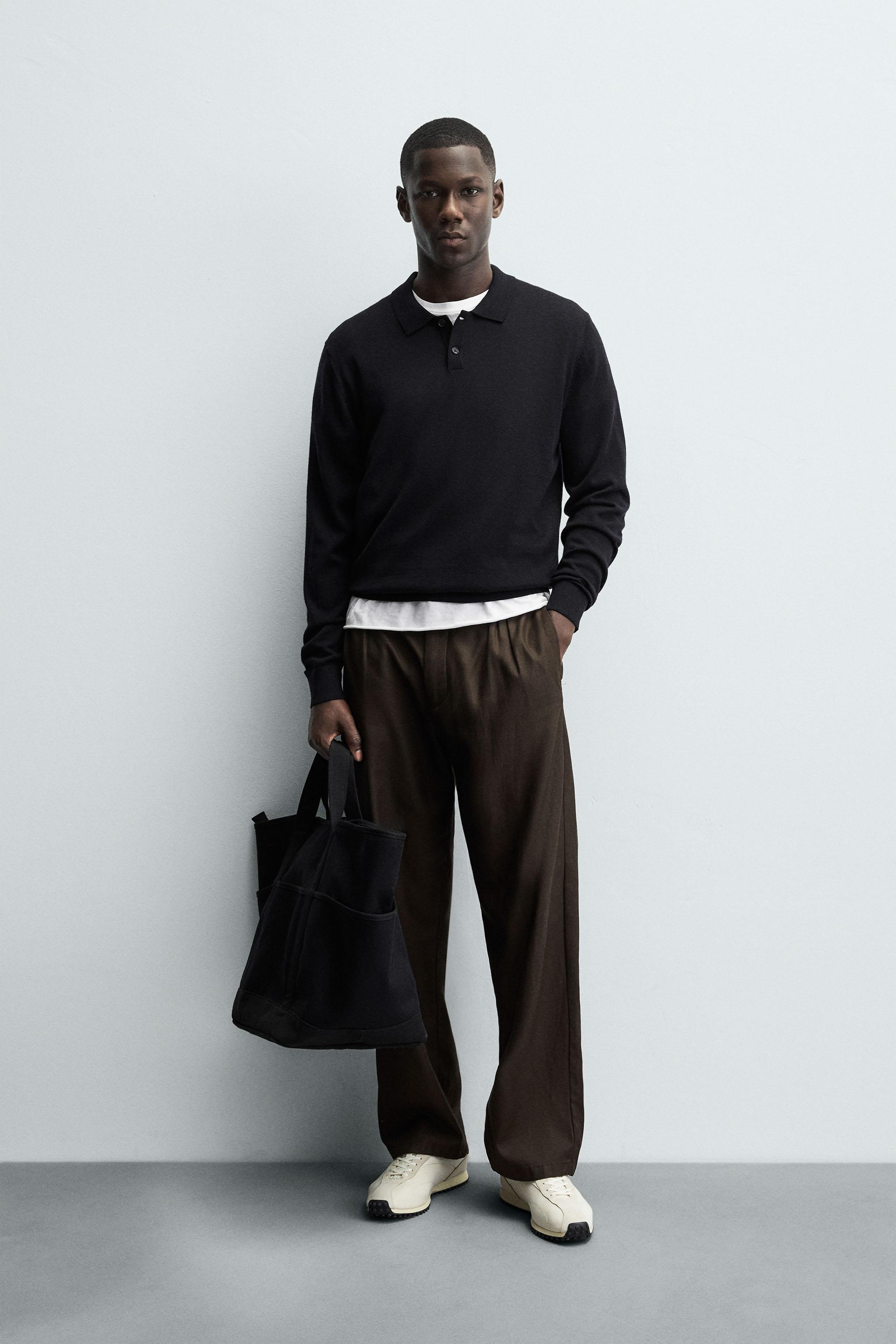ZARA ブラック ホワイト ニットポロシャツ L コットン&シルクニット ポロシャツ - ネイビーブルー | ZARA