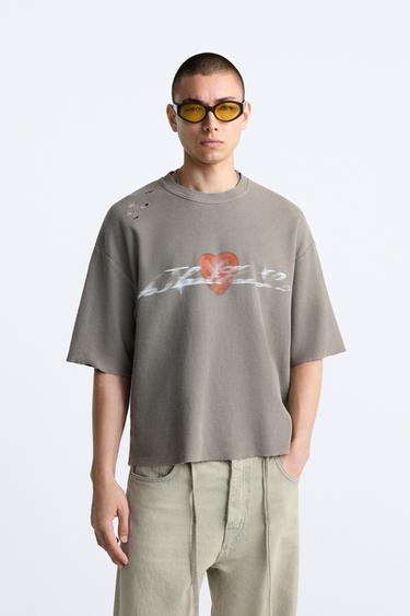 CHECK TEXTURE RIPPED KNIT T-SHIRT - Chalk pink by Zara