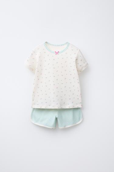 Zara 2-6 YEARS/ GINGHAM AND FLORAL T-SHIRT AND BERMUDA PAJAMAS - Ecru