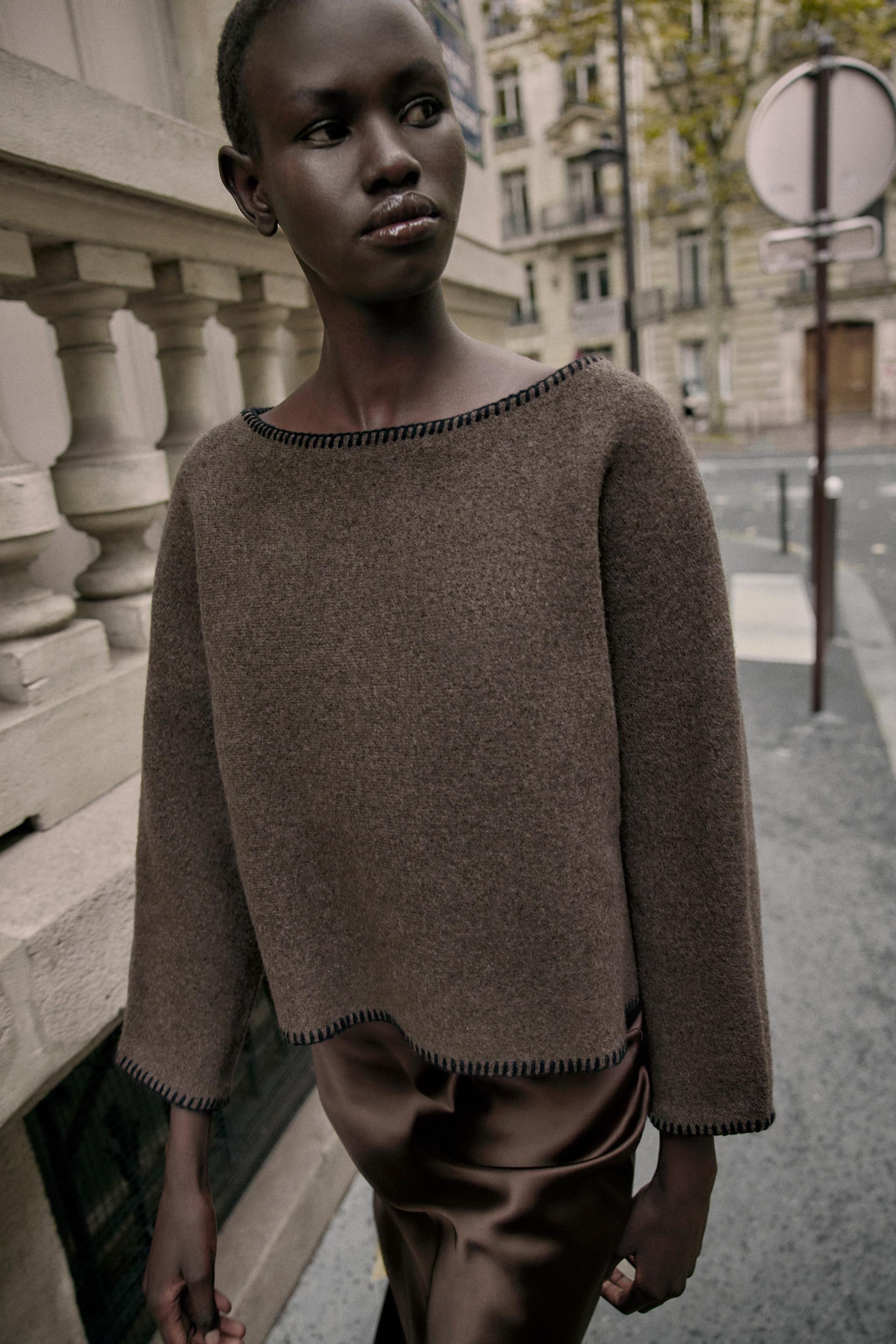 CONTRAST TOPSTITCH KNIT JUMPER - Brown / Taupe | ZARA United States
